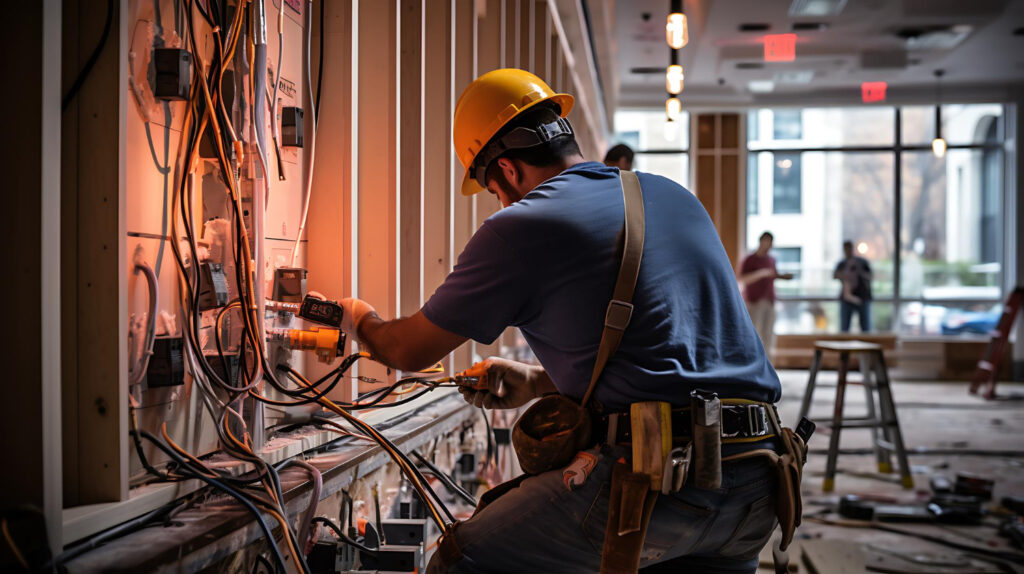Electrician working on wiring installation in a commercial space, surrounded by tools and construction materials, emphasising electrical safety and compliance.